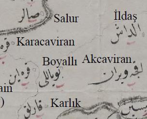 Osmanlı haritasında Boyallı adının Latin ve Osmanlı harfleriyle yazımı